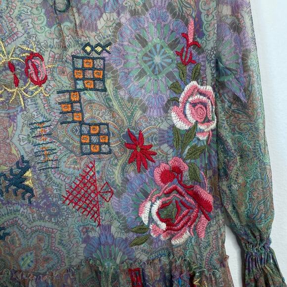 JOHNNY WAS Biya Wilde Mesh Dress Embroidered Boho Size XS Petite Floral Fall - Picture 9 of 15